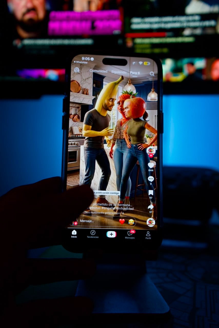 Teléfono móvil mostrando un video vertical de TikTok con una escena absurda, usado como recurso visual del reportaje sobre brain rot.